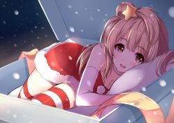 Rule 34 | 10s, 1girl, box, breasts, brown eyes, brown hair, cleavage, elbow gloves, gift, gift box, gloves, hair ornament, in container, kamon (shinshin), long hair, looking at viewer, love live!, love live! school idol project, medium breasts, minami kotori, santa costume, side ponytail, solo, star (symbol), star hair ornament, striped clothes, striped thighhighs, sura (mana0703), thighhighs, white gloves