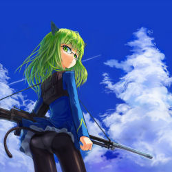 Rule 34 | 00s, 1girl, animal ears, ass, bren lmg, cat ears, cat tail, chourui keiko, cloud, contrail, day, from below, glasses, green eyes, green hair, gun, highres, light machine gun, looking back, looking down, matching hair/eyes, panties, panties under pantyhose, pantyhose, perrine h. clostermann, sky, solo, strike witches, tail, underwear, weapon, world witches series
