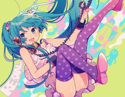 Rule 34 | 1girl, abstract background, amagi hana, ass, bare arms, bare shoulders, black wrist cuffs, commentary request, corded phone, english text, frilled skirt, frills, full body, green background, green eyes, green hair, hatsune miku, highres, long hair, looking at viewer, open mouth, patterned clothing, phone, pink footwear, polka dot, polka dot legwear, purple thighhighs, shirt, shoes, sidelocks, skirt, smile, solo, spaghetti strap, thighhighs, twintails, vocaloid, white shirt, white skirt, wrist cuffs