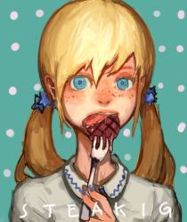 Rule 34 | 1girl, blonde hair, blue background, blue eyes, english text, engrish text, food, fork, freckles, long hair, looking at viewer, nail polish, nose, polka dot, polka dot background, portrait, ranguage, solo, steak, twintails, upper body, weltol