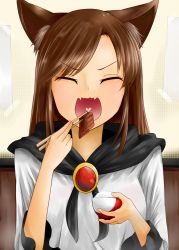 Rule 34 | 1girl, animal ears, breasts, brown hair, dress, eating, closed eyes, fangs, food, heart, imaizumi kagerou, jewelry, kaisenpurin, long hair, long sleeves, meat, open mouth, rice, rice bowl, solo, touhou, wolf ears