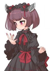 Rule 34 | 1girl, alternate costume, black dress, blush, brown hair, closed mouth, dress, fingernails, frilled sleeves, frills, fun bo, gothic lolita, headgear, highres, lolita fashion, long sleeves, nail polish, red eyes, red nails, short hair, simple background, solo, touhoku kiritan, upper body, voiceroid, white background, wide sleeves