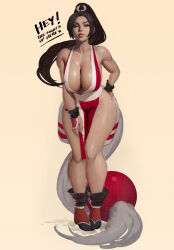 Rule 34 | 1girl, bare shoulders, breasts, brown hair, cleavage, fatal fury, hand fan, hand on own hip, heart, ickpot, large breasts, lips, long hair, pelvic curtain, shiranui mai, sleeveless, the king of fighters, wide hips