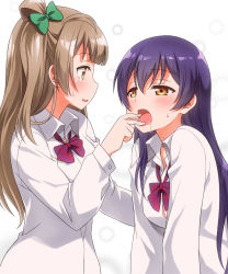 Rule 34 | 10s, 2girls, blouse, blue hair, blush, bowtie, brown eyes, collared shirt, drooling, female focus, finger in another&#039;s mouth, from side, grey hair, highres, long hair, love live!, love live! school idol project, minami kotori, multiple girls, no bra, open mouth, otonokizaka school uniform, saliva, saliva trail, school uniform, shirt, sonoda umi, striped bow, striped bowtie, striped clothes, sweat, sweatdrop, umekichi, white background, white shirt, yuri