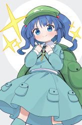 Rule 34 | &gt;:), 1girl, backpack, bag, blue eyes, blue hair, blue shirt, blue skirt, blush, boots, closed mouth, collared shirt, commentary request, frilled shirt collar, frills, green hat, grey background, hair bobbles, hair ornament, hands up, hat, highres, kawashiro nitori, key, kibisake, long hair, long sleeves, looking at viewer, pocket, puffy long sleeves, puffy sleeves, shirt, short hair, skirt, skirt set, smile, solo, sparkle, touhou, two-tone background, two side up, undershirt, v-shaped eyebrows, white background, white shirt