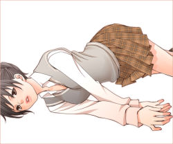 Rule 34 | 1girl, black hair, danshi koukousei no nichijou, ikushima (danshi koukousei), lying, rikko (jellyberry), school uniform, sweater vest