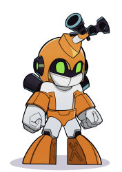 Rule 34 | 1boy, android, clenched hands, cosplay, full body, green eyes, headgear, highres, machinery, male focus, medarot, metabee, metabee (cosplay), robot, mega man (series), mega man (character), mega man (classic), simple background, solo, splashbrush, standing, super smash bros., white background