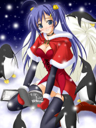 Rule 34 | 1girl, ahoge, akimoto dai, bell, bird, black thighhighs, blonde hair, blue eyes, blue hair, blush, boots, breasts, capelet, christmas, cleavage, collar, covered erect nipples, hair bell, hair ornament, hairclip, long hair, looking at viewer, matching hair/eyes, mittens, original, panties, pantyshot, penguin, red footwear, red mittens, sack, santa costume, sitting, snow, snowing, solo, thighhighs, twintails, underwear, wariza