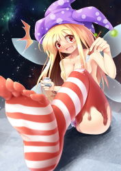 Rule 34 | 1girl, ^^^, american flag, barefoot, blonde hair, blush, bodypaint, breasts, clownpiece, convenient censoring, fairy wings, false clothes, fang, feet, foot focus, foreshortening, hair censor, hair over breasts, hat, highres, jester cap, long hair, looking at viewer, open mouth, outdoors, paintbrush, painted clothes, painting (action), panties, panties only, red eyes, simple background, smile, soles, solo, star (symbol), sweatdrop, toes, topfreedom, topless, touhou, underwear, underwear only, white panties, wings, z.o.b