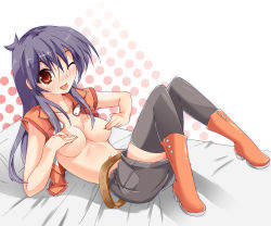 Rule 34 | 1girl, bed, belt, blush, boots, breasts, brown eyes, lying, on bed, one eye closed, open mouth, purple hair, saotome rei, shorts, simple background, skirt, solo, thighhighs, topless, wink, yu-gi-oh!, yu-gi-oh! gx, zettai ryouiki