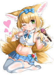 Rule 34 | 1girl, alternate costume, animal ear fluff, animal ears, arknights, bare shoulders, blonde hair, blue bow, blue bowtie, blue hairband, blue skirt, blush, bow, bow hairband, bowtie, braid, braided hair rings, closed mouth, collared shirt, colored tips, commentary, cropped shirt, dress, fox ears, fox girl, fox tail, green eyes, hair bow, hair rings, hairband, heart, highres, holding, holding microphone, idol, kitsune, kyuubi, looking at viewer, material growth, microphone, midriff, miniskirt, multicolored hair, multiple tails, nasumikan (nodoame241), navel, no shoes, one eye closed, oripathy lesion (arknights), pleated skirt, pointing, pointing at self, seiza, shirt, simple background, sitting, skirt, sleeveless, sleeveless dress, smile, solo, split mouth, suzuran (arknights), tail, thighhighs, twin braids, two-tone hair, white background, white hair, white shirt, white thighhighs, wrist cuffs