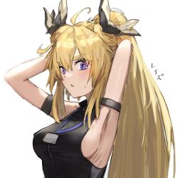 Rule 34 | 1girl, arknights, arm strap, armpits, arms behind head, bare shoulders, blonde hair, blue eyes, blush, breasts, highres, horn/wood, horns, leizi (arknights), long hair, looking at viewer, ponytail, simple background, sleeveless, solo, sweatdrop, upper body, white background
