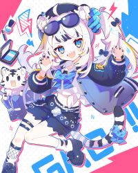 Rule 34 | 1girl, :d, ahoge, animal ear fluff, animal ears, black bow, black footwear, black jacket, black nails, black shorts, blouse, blue bow, blue eyes, blush, bow, bowtie, bracelet, commentary, cosmetics, eyewear on head, fishnet socks, fishnets, full body, hair bow, hands up, highres, jacket, jewelry, kneehighs, long hair, looking at viewer, midriff, nail polish, navel, open mouth, original, paw pose, polka dot, polka dot background, ponytail, saijo1201, sharp teeth, shirt, shoes, shorts, sidelocks, signature, single kneehigh, single sock, smile, sneakers, socks, solo, standing, striped, striped bow, sunglasses, tail, tail bow, tail ornament, teeth, thigh strap, tiger, tiger ears, tiger tail, white hair, white shirt, white socks
