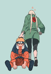 Rule 34 | 1boy, 1girl, age difference, anger vein, angry, blonde hair, blue background, dragging, dress, full body, green dress, naruto, naruto (series), orange dress, simple background, smile, tsunade (naruto), twintails, uzumaki naruto