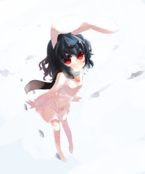 Rule 34 | 1girl, animal ears, black hair, blush, rabbit ears, female focus, full body, inaba tewi, red eyes, scarf, shin (new), short hair, smile, snow, solo, thighhighs, touhou, white background