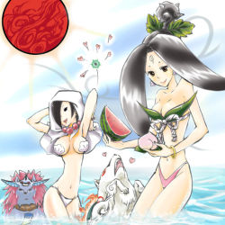 Rule 34 | amaterasu (ookami), bathing, food, fruit, issun, okikurumi (ookami), ookami (game), panties, rao, sakuya (ookami), shell, shell bikini, sun, underwear, watermelon