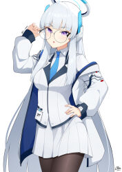Rule 34 | 1girl, adjusting eyewear, bespectacled, black pantyhose, blazer, blue archive, blue necktie, blunt bangs, coat, collared shirt, commentary, glasses, halo, hand on own hip, headgear, highres, id card, jacket, long hair, long sleeves, looking at viewer, necktie, noa (blue archive), open clothes, open coat, pantyhose, pleated skirt, purple eyes, school uniform, shirt, sidelocks, simple background, skirt, solo, two-sided coat, two-sided fabric, white background, white coat, white hair, xsan vanny