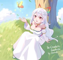 Rule 34 | 1girl, bare shoulders, blue sky, breasts, brooch, bug, butterfly, cleavage, commission, dress, drum, grass, insect, instrument, jewelry, large breasts, long hair, necklace, paper mario, personification, pink eyes, rainbow gradient, sitting, skeb commission, sky, smile, super paper mario, tippi (paper mario), tree, white dress, white footwear, white hair, ya mari 6363