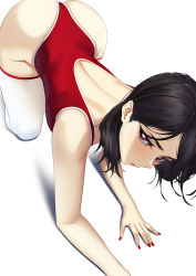 Rule 34 | 1girl, all fours, ass, back cutout, bare shoulders, bent over, black hair, blueorca, clothing cutout, crawling, highleg, highleg leotard, leotard, lips, looking at viewer, nail polish, original, red eyes, red leotard, red nails, thighhighs, white thighhighs