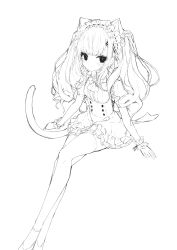 Rule 34 | 1girl, absurdres, animal ear fluff, animal ears, blush, breasts, cat ears, cat girl, cat tail, closed mouth, collared shirt, dress, feet out of frame, frilled dress, frills, greyscale, hair ornament, hairclip, highres, long hair, long legs, looking at viewer, maid, monochrome, original, puffy short sleeves, puffy sleeves, ribbon-trimmed hairband, shirt, shoes, short sleeves, simple background, sitting, small breasts, solo, tail, thighhighs, twintails, very long hair, white background, wrist cuffs, yuui hutabakirage