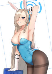 Rule 34 | 1girl, absurdres, animal ears, aoikito lavender086, arm up, armpits, asuna (blue archive), bare shoulders, black pantyhose, blue archive, blue bow, blue eyes, bow, breasts, cleavage, commentary request, covered navel, cowboy shot, fake animal ears, fake tail, gloves, grey hair, grin, hair bow, highres, large breasts, leotard, long hair, looking at viewer, pantyhose, playboy bunny, rabbit ears, rabbit tail, simple background, smile, solo, standing, tail, thighband pantyhose, thighs, very long hair, white background, white gloves