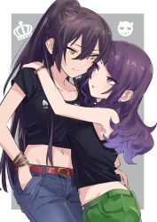 Rule 34 | 2girls, arm on another&#039;s shoulder, armpits, belt, belt chain, black choker, black shirt, bracelet, breasts, brown hair, choker, closed mouth, collarbone, commentary, crop top, cropped shirt, denim, diagonal bangs, earrings, green pants, hair between eyes, hand in pocket, high ponytail, highres, holding another&#039;s arm, idol, idolmaster, idolmaster shiny colors, jeans, jewelry, looking at another, medium breasts, midriff, multiple girls, navel, open mouth, pants, ponytail, purple eyes, purple hair, shirase sakuya, shirt, short twintails, smile, spiked choker, spikes, stomach, tanaka mamimi, twintails, yellow eyes, yomosaka, yuri