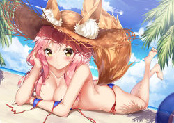 Rule 34 | 10s, 1girl, animal ear fluff, animal ears, ass, ball, barefoot, beach, beachball, bikini, unworn bikini top, blue bikini, blush, breasts, check commentary, closed eyes, closed mouth, cloud, collarbone, commentary request, day, ears through headwear, fate/extra, fate (series), fox ears, fox tail, full body, hat, large breasts, legs up, long hair, looking at viewer, lying, on stomach, outdoors, palm tree, pink hair, revision, rong yi tan, shade, shiny skin, side-tie bikini bottom, skindentation, sky, smile, soles, solo, straw hat, swimsuit, tail, tamamo (fate), tamamo no mae (fate/extra), tamamo no mae (swimsuit lancer) (fate), the pose, transparent, tree, water, yellow eyes