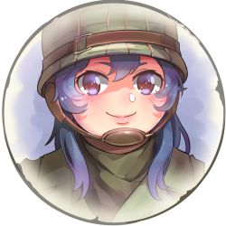 Rule 34 | 1girl, border, brown eyes, closed mouth, company of heroes, hair between eyes, hat, helmet, jacket, long hair, lowres, military, military hat, military jacket, military uniform, original, portrait, purple hair, smile, solo, thick eyebrows, uniform, united states army, zhainan s-jun