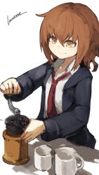 Rule 34 | 1girl, blue jacket, brown hair, closed mouth, coffee grinder, collared shirt, cup, hair between eyes, holding, jacket, kantai collection, lansane, long sleeves, necktie, orange eyes, red necktie, shirt, short hair, signature, simple background, smile, solo, wakaba (kancolle), white background, white shirt, wing collar