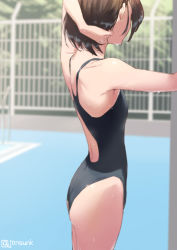 Rule 34 | 1girl, arm behind head, arm up, ass, bare shoulders, black one-piece swimsuit, blurry, blurry background, competition swimsuit, cowboy shot, day, depth of field, facing away, fence, flat chest, from side, jonsun, one-piece swimsuit, original, outdoors, poolside, solo, swimsuit, twitter username