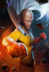 Rule 34 | 1boy, abs, bald, belt, black belt, black eyes, bodysuit, brahim azizi, cape, clenched hands, closed mouth, commentary, gloves, highres, male focus, one-punch man, outdoors, realistic, red gloves, saitama (one-punch man), solo, standing, watermark, web address, white cape, yellow bodysuit