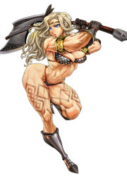 Rule 34 | 1girl, amazon (dragon&#039;s crown), axe, blonde hair, blue hair, boots, breasts, dragon&#039;s crown, feather hair ornament, feathers, full body, hair ornament, large breasts, long hair, muscular, muscular female, simple background, solo, tattoo, toned, weapon, white background, zunta