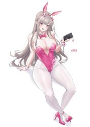 Rule 34 | 1girl, :d, animal ears, bare shoulders, bow, bowtie, breasts, cellphone, detached collar, fake animal ears, goddess of victory: nikke, highres, holding, holding phone, horns, invisible chair, large breasts, leotard, light brown hair, long hair, mugen kageno, open mouth, pantyhose, phone, pink horns, pink leotard, playboy bunny, rabbit ears, sitting, smartphone, smile, solo, viper (nikke), viper (toxic rabbit) (nikke), white background, white pantyhose, wrist cuffs