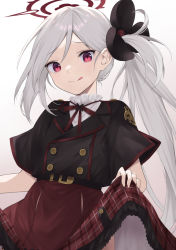 Rule 34 | 1girl, :p, artist request, blue archive, clothes lift, grey hair, hair ornament, hair scrunchie, halo, highres, lifted by self, looking at viewer, mutsuki (blue archive), red eyes, school uniform, scrunchie, side ponytail, simple background, skirt, skirt lift, solo, tongue, tongue out, white background