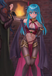 Rule 34 | 1boy, 1girl, absurdres, alternate costume, bandeau, bare shoulders, black gloves, black pantyhose, blue eyes, blue hair, bracelet, bridal gauntlets, commentary request, cosplay, criss-cross halter, dorothea arnault, dorothea arnault (cosplay), eirika (fire emblem), elbow gloves, feather hair ornament, feathers, feet out of frame, fire emblem, fire emblem: the sacred stones, fire emblem heroes, gloves, hair between eyes, hair ornament, hair ribbon, halterneck, harem outfit, hazuki (nyorosuke), highres, indoors, jewelry, long hair, looking at viewer, midriff, navel, neck ring, nintendo, out of frame, pantyhose, pelvic curtain, ribbon, shawl, solo focus, standing, stomach, thighlet, thighs, valter (fire emblem), very long hair