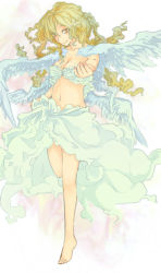 Rule 34 | 1girl, angel, angel wings, ari (arism), barefoot, blonde hair, feet, legs, midriff, navel, original, smile, solo, wings