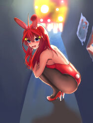Rule 34 | 1girl, absurdres, ahoge, alternate costume, animal ears, ass, averting eyes, black pantyhose, blue eyes, blurry, blurry background, blush, breasts, commentary request, embarrassed, fake animal ears, fake tail, full body, go-toubun no hanayome, hair between eyes, hair ornament, high heels, highleg, highleg leotard, highres, hugging own legs, large breasts, leotard, long hair, nakano itsuki, open mouth, pantyhose, playboy bunny, rabbit ears, rabbit tail, red footwear, red hair, red leotard, rezebeee, sideboob, solo, squatting, star (symbol), star hair ornament, strapless, strapless leotard, tail