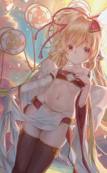 Rule 34 | 1girl, absurdres, blonde hair, cowboy shot, drum, earrings, granblue fantasy, hand on own chest, harvin, highres, instrument, jewelry, long hair, mahira (granblue fantasy), midriff, navel, pelvic curtain, pointy ears, red eyes, solo, thighhighs, very long hair, wide sleeves