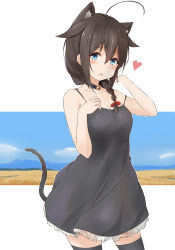 Rule 34 | 10s, 1girl, absurdres, ahoge, animal ears, black dress, black thighhighs, blue eyes, blush, braid, breasts, cat ears, cat tail, cleavage, collar, collarbone, dress, frilled skirt, frills, hair flaps, hand on own chest, heart, highres, kantai collection, looking at viewer, medium breasts, open mouth, outline, saku (kudrove), see-through, see-through silhouette, shigure (kancolle), shigure kai ni (kancolle), single braid, skirt, solo, tail, thighhighs, white background, white outline, zettai ryouiki
