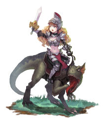 Rule 34 | 1girl, absurdres, arm up, armor, armored boots, blonde hair, blue eyes, blush, boots, breastplate, breasts, claws, cleavage, commentary, ddcc0123, dinosaur, dinosaur riding, english commentary, faulds, full body, gauntlets, gem, grass, grey footwear, grey headwear, helmet, highres, holding, holding sword, holding weapon, long hair, looking afar, looking to the side, navel, open mouth, original, pelvic curtain, red gemstone, riding, saddle, sharp teeth, shoulder armor, small breasts, solo, sword, teeth, tongue, tongue out, upper teeth only, weapon, white background