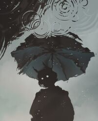 Rule 34 | blank stare, demon horns, empty eyes, eyed silhouette, grey sky, highres, horns, original, overcast, rain, reflection, reflective water, ripples, short hair, silhouette, sky, solid circle eyes, solid eyes, standing, standing on liquid, staring, umbrella, water, water drop, waves, zura.hell