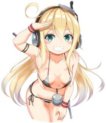 Rule 34 | 1girl, albacore (azur lane), azur lane, bent over, bikini, blonde hair, blue eyes, breasts, clenched teeth, collarbone, commentary request, hair between eyes, headphones, highres, long hair, looking at viewer, makina9696, micro bikini, navel, salute, simple background, small breasts, solo, swimsuit, teeth, white background
