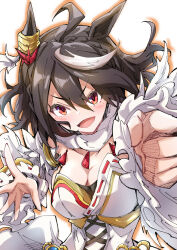 Rule 34 | 1girl, ahoge, animal ears, asymmetrical clothes, black hair, bodice, breasts, cleavage, clenched hand, commentary request, ear ornament, frilled sleeves, frills, hair between eyes, horse ears, horse girl, kitasan black (jubilant star auspicious crane) (umamusume), kitasan black (umamusume), light brown hair, looking at viewer, medium breasts, multicolored hair, nodachi (artist), official alternate costume, origami, paper crane, red eyes, ribbon-trimmed clothes, ribbon trim, short hair, solo, streaked hair, umamusume, upper body, wide sleeves