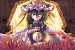 Rule 34 | &gt;:), 1girl, asymmetrical hair, blue eyes, blue vest, closed mouth, flower, green hair, hair between eyes, hat, hat ribbon, highres, juliet sleeves, ko kita, long sleeves, looking at viewer, mirror, puffy sleeves, red ribbon, ribbon, shiki eiki, solo, spider lily, touhou, upper body, v-shaped eyebrows, vest, white ribbon