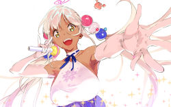 Rule 34 | 1girl, armpits, breasts, dark-skinned female, dark skin, elbow gloves, gloves, hair ornament, halterneck, holding, holding microphone, hololive, hololive english, large breasts, light brown hair, limiter (tsukumo sana), long hair, looking at viewer, microphone, open mouth, outstretched arm, pako (pakosun), planet hair ornament, shirt, simple background, sleeveless, sleeveless shirt, smile, solo, sparkle, tsukumo sana, tsukumo sana (1st costume), virtual youtuber, white background, white shirt, yellow eyes