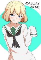 Rule 34 | 1girl, arm behind back, black neckerchief, blonde hair, blouse, blue eyes, blush, closed mouth, commentary request, girls und panzer, head tilt, highres, katyusha (girls und panzer), light blush, lips, long sleeves, looking at viewer, neckerchief, one-hour drawing challenge, ooarai school uniform, partial commentary, restart (asasyan060805), school uniform, serafuku, shirt, short hair, sleeves past wrists, smirk, solo, standing, twitter username, upper body, v-shaped eyebrows, white shirt