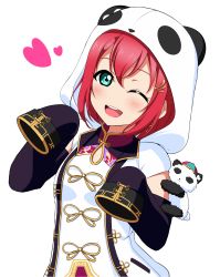 Rule 34 | 1girl, ;d, animal hood, aqua eyes, chinese clothes, commentary request, detached sleeves, hachinatsu, hair ornament, hairclip, heart, highres, hood, hood up, kurosawa ruby, looking at viewer, love live!, love live! school idol festival, love live! sunshine!!, one eye closed, open mouth, panda, panda hood, red hair, round teeth, simple background, sleeves past fingers, sleeves past wrists, smile, solo, teeth, upper body, upper teeth only, white background