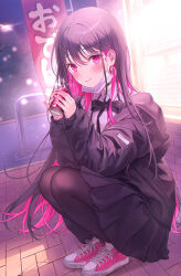 Rule 34 | 1girl, black bow, black choker, black jacket, black skirt, bow, bowtie, can, choker, collared shirt, colored inner hair, earrings, eyes visible through hair, fingernails, full body, hands up, heart, heart earrings, highres, holding, holding can, jacket, jewelry, long hair, long sleeves, looking at viewer, mask, mouth mask, multicolored hair, original, outdoors, pink hair, pleated skirt, purple eyes, rangu, scenery, school uniform, shadow, shirt, shoes, signature, skirt, smile, sneakers, solo, squatting, surgical mask, swept bangs, white shirt