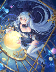 Rule 34 | 1girl, :o, absurdres, astrolabe, bad id, bad pixiv id, black dress, blue hair, blue nails, blush, breasts, cleavage, dress, fingernails, floating, floating hair, high heels, highres, jewelry, long hair, looking at viewer, nail polish, original, ring, shichigatsu, solo, sparkle, sun, thighhighs, very long hair, white thighhighs, yellow eyes