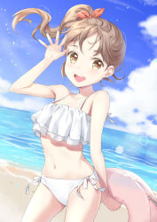 Rule 34 | 1girl, :d, arm behind back, arm up, beach, bikini, blue sky, brown eyes, cloud, collarbone, commentary, cowboy shot, day, dutch angle, floating hair, forehead, hair ribbon, holding, holding swim ring, horizon, innertube, lens flare, light brown hair, looking at viewer, navel, ocean, open hand, open mouth, original, outdoors, ponytail, ribbon, short hair, side-tie bikini bottom, sky, smile, solo, standing, swim ring, swimsuit, teeth, unya (unya-unya), upper teeth only, white bikini